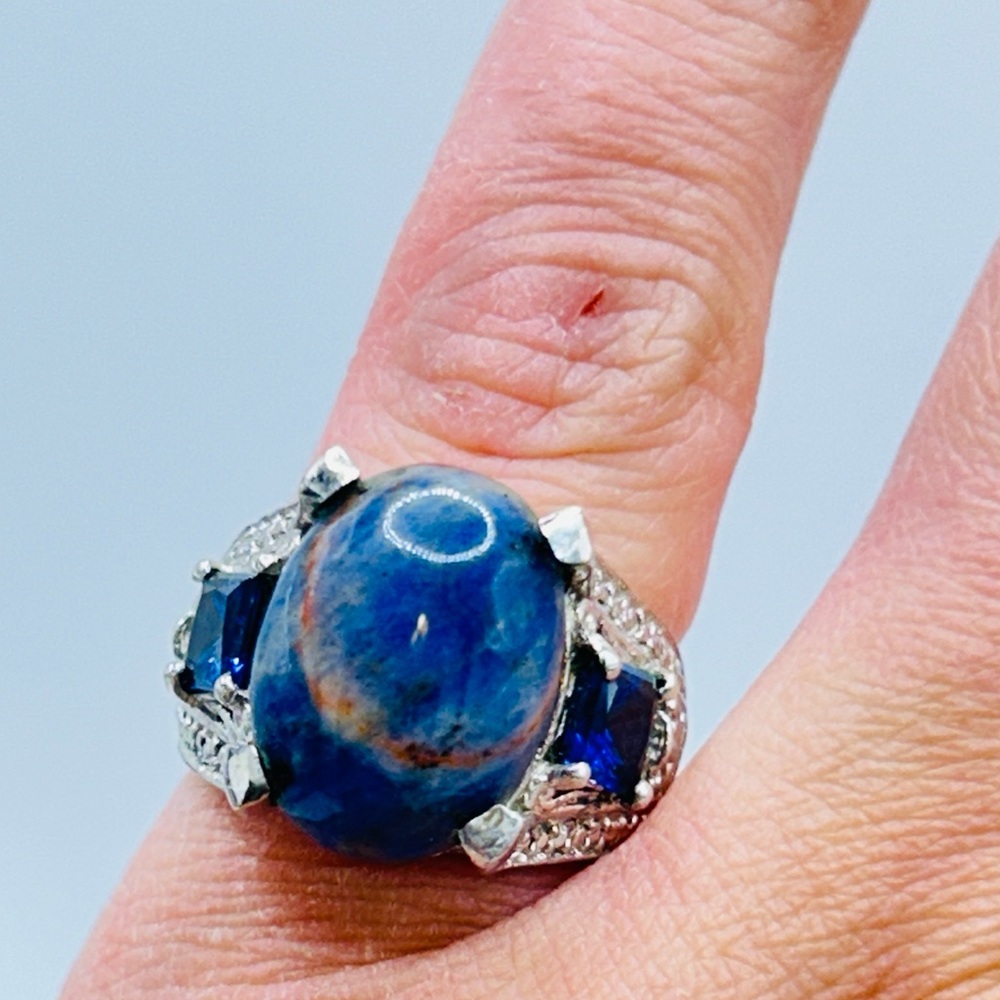 Sodalite and Simulated Sapphire Ring; Size 6; Stainless Steel - Picture 7 of 9